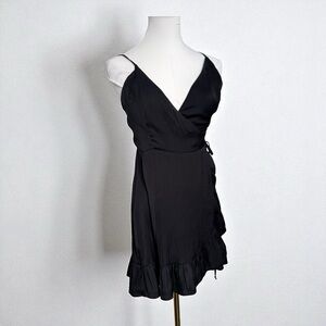 Free People Black Wrap Mini Dress – Ruffle Hem, Spaghetti Strap XS